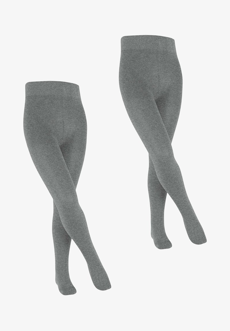 Leggings grigi con texture e vita alta. Il tessuto appare morbido ed elastico, con un colore uniforme e senza motivi.