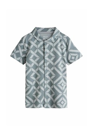 Kurzärmeliges Hemd in Hellgrau mit einem geometrischen Muster in Dunkelgrau, mit Kragen und Knopfleiste. Baumwollstoff, bequeme Passform.