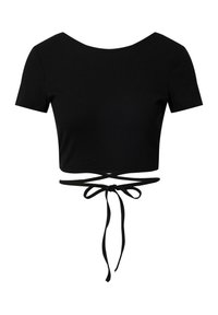 Černý žebrovaný crop top s krátkými rukávy, širokým výstřihem a stahovací šňůrkou v pase. Tkanina má strukturovaný, elastický vzhled.