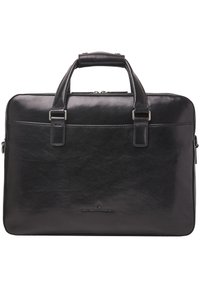 Bolso de portátil de cuero negro con asas superiores dobles, cierre con cremallera, bolsillos planos, textura suave y sutil marca en la parte frontal.