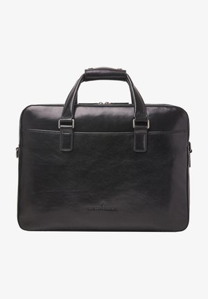 Zwarte leren laptop tas met dubbele handvatten aan de bovenkant, ritssluiting, platte zakken, een gladde textuur en subtiele branding aan de voorkant.