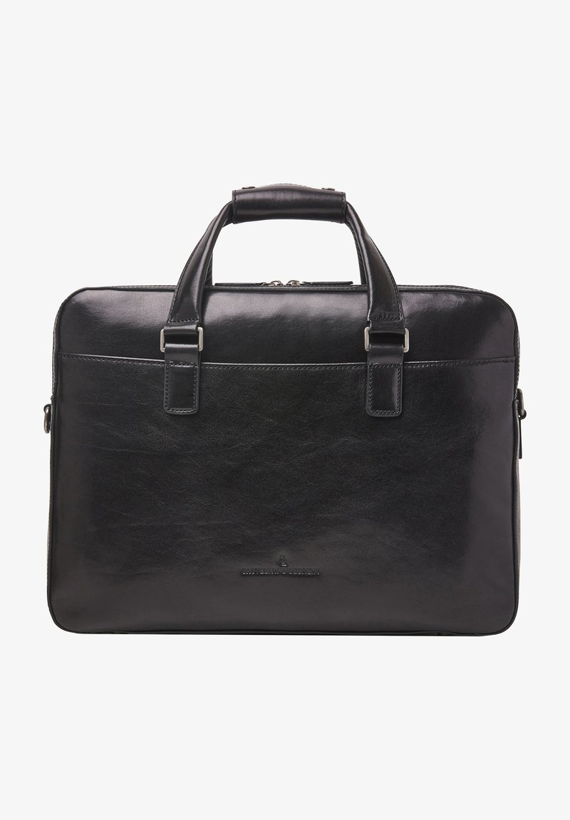 Bolso de portátil de cuero negro con asas superiores dobles, cierre con cremallera, bolsillos planos, textura suave y sutil marca en la parte frontal.