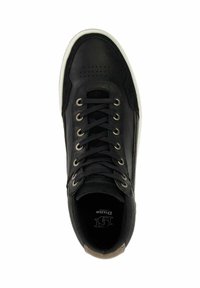 Black leather sneaker with round toe, contrasting beige accents, silver eyelets, and flat black laces. Textured upper with perforations.