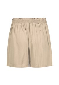 Beige shorts with elastic waistband, made from a soft fabric. Features a relaxed fit with subtle gathers along the waistline.