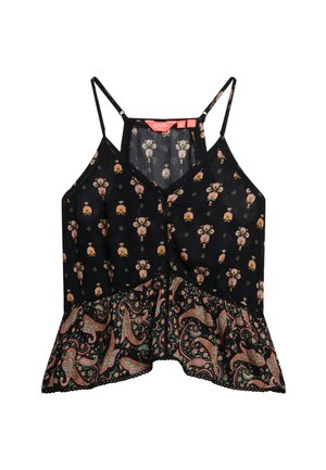 Haut noir sans manches avec fines bretelles, petit motif floral rose sur la partie supérieure, et ourlet à volants à imprimé cachemire dans des tons verts, roses et orange.