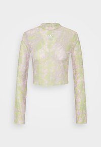 Gekürztes, langärmeliges Oberteil aus leichtem, transparentem Stoff mit einem pinken und grünen Schlangenmuster. Verfügt über einen hohen Hals und das Adidas-Logo.