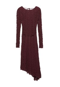 Burgunderfarbenes Spitzenkleid mit langen Ärmeln und asymmetrischem Saum. Strukturiertes Blumenmuster mit offenem Rücken und Bindeband am Hals.