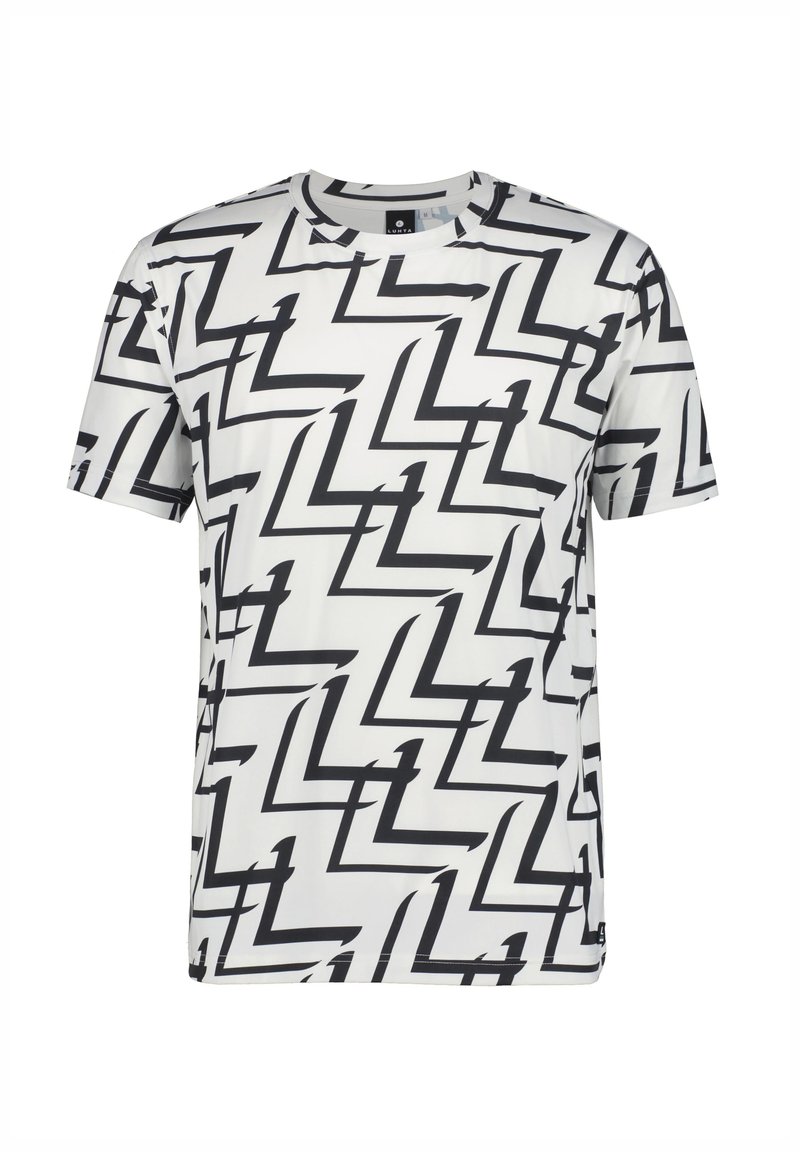 Camiseta de manga corta en blanco con un patrón de zigzag negro, fabricada en tejido ligero, con cuello redondo y ajuste estándar.