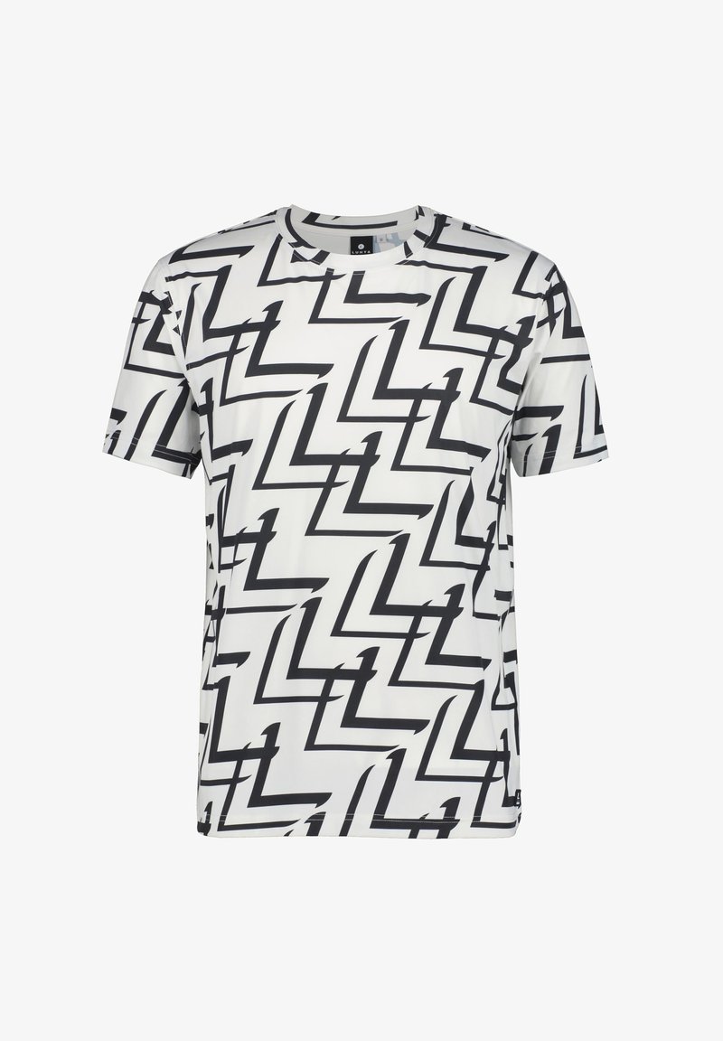 Koszulka t-shirt z krótkim rękawem w kolorze białym z czarnym wzorem w zygzak, wykonana z lekkiego materiału, z okrągłym dekoltem i standardowym krojem.