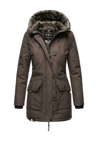 Gewatteerde, olijfgroene parka jas met een capuchon, ritssluiting en knoopsluiting, twee voorzakken, verstelbare trekkoorden en contrasterende binnenvoering.