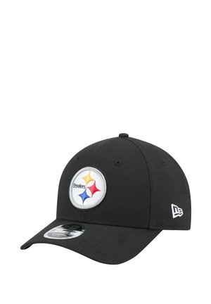 Black baseball cap with a circular gray patch featuring colored stars and “Steelers” text. Rounded crown and curved brim design.