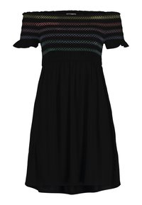 Musta off-the-shoulder -mekko, jossa on poimutettu yläosa, moniväristä geometrista brodeerausta ja helmattomia hihoja. Väljä A-linjainen siluetti.