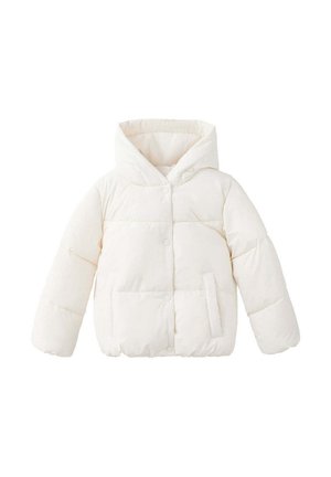 Weiße gesteppte Kapuzenjacke mit langen Ärmeln und Front-Druckknöpfen, für Wärme und Freizeitbekleidung konzipiert.