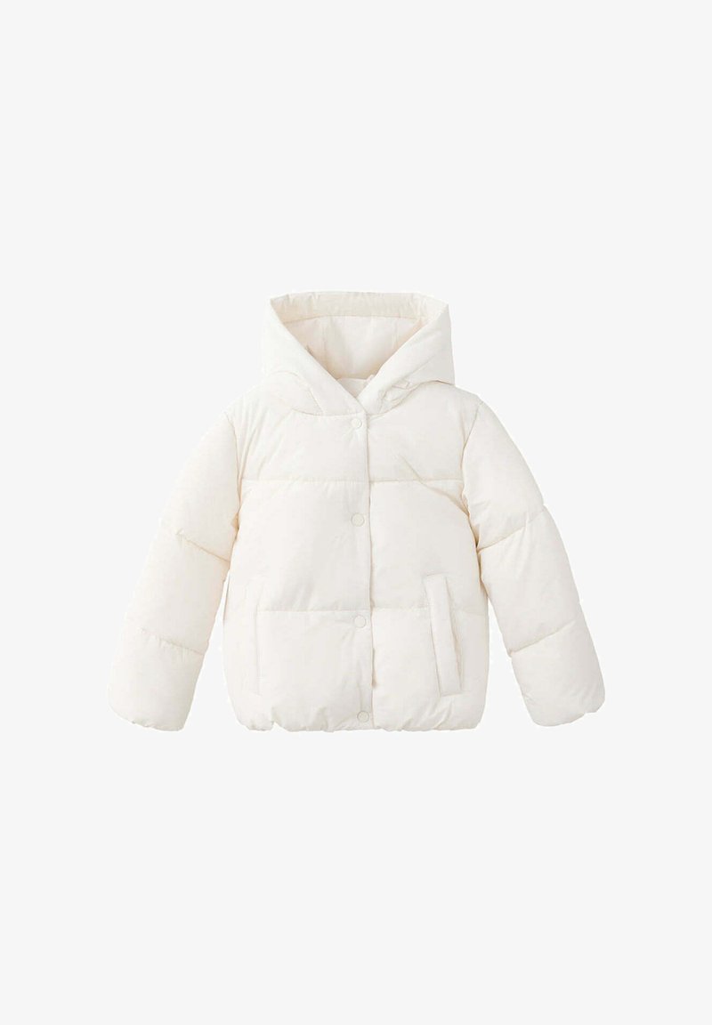 Veste blanche rembourrée à capuche avec manches longues et boutons-pression à l'avant, conçue pour la chaleur et un usage décontracté.
