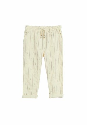 Crèmekleurige kinderpanty met verticale strepen en kleine zeilbootprintjes, elastische tailleband, trekkoord en opgerolde boorden.
