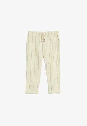 Crèmekleurige kinderpanty met verticale strepen en kleine zeilbootprintjes, elastische tailleband, trekkoord en opgerolde boorden.