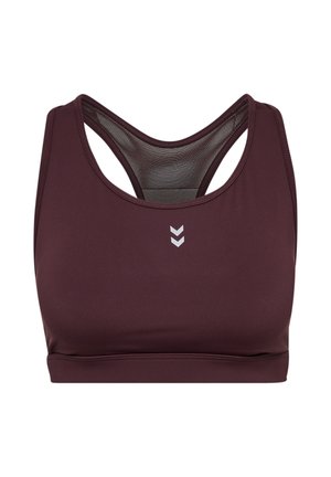 Bordeaux sportbeha van glad, rekbaar materiaal. Racerback ontwerp met mallen details, voorzien van een klein logo aan de voorkant.