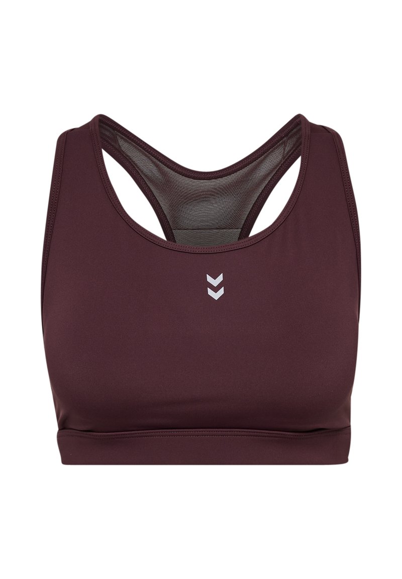 Bordeauxfarbener Sport-BH aus glattem, dehnbarem Material. Racerback-Design mit Mesh-Details und kleinem Logo auf der Vorderseite.