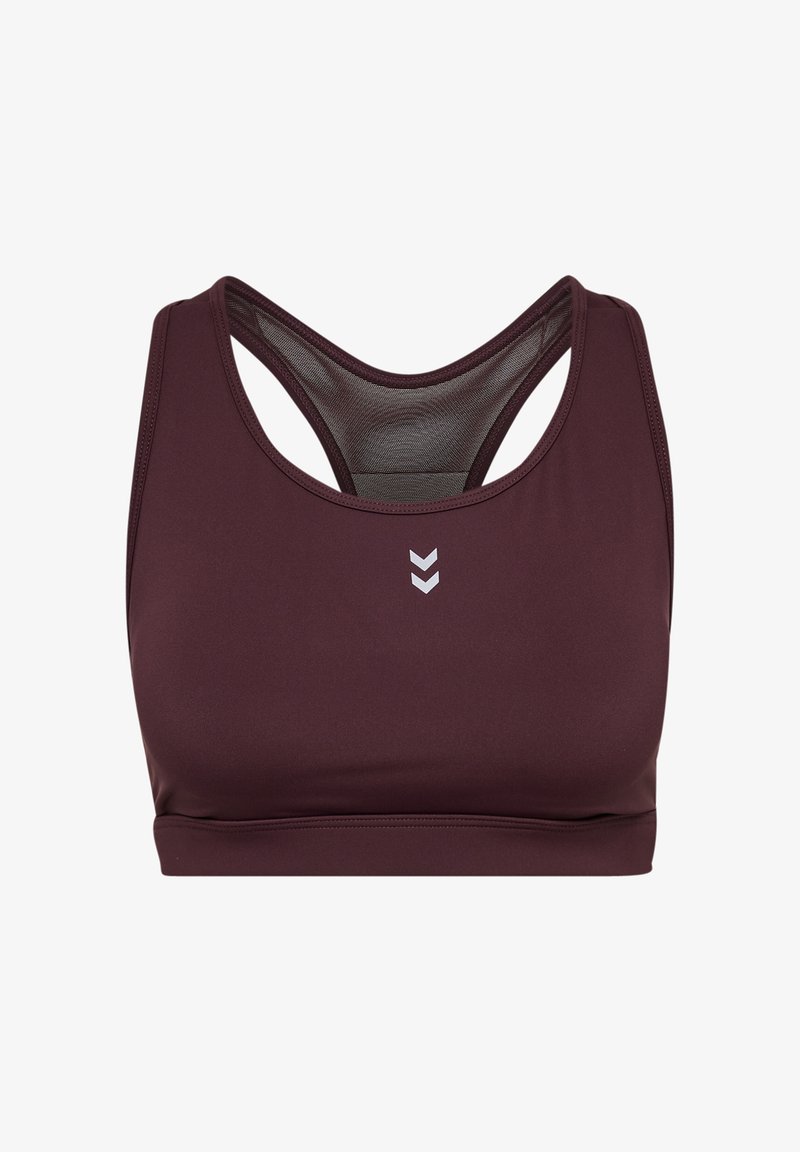 Bordeauxfarbener Sport-BH aus glattem, dehnbarem Material. Racerback-Design mit Mesh-Details und kleinem Logo auf der Vorderseite.