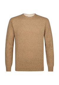 Beige wollen trui met een ronde halslijn, lange mouwen en een zachte, gestructureerde afwerking. Voorzien van een geribde zoom en manchetten voor een aansluitende look.