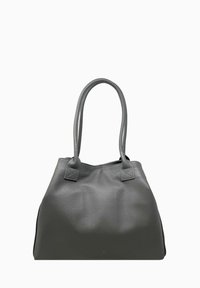 Szara skórzana torba na ramię z dwoma uchwytami, o zaokrąglonym kształcie, teksturowanej powierzchni i kwadratowej podstawie. Prosty design z minimalną ilościąelementów metalowych.