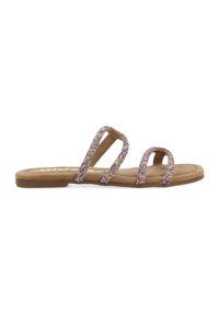 Sandalias planas con tres tiras de cuentas en tonos púrpura y dorado, una plantilla de ante sintético marrón y una suela de goma duradera.