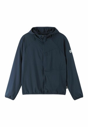 Giacca con cappuccio blu navy con zip frontale, cordino regolabile, polsini elasticizzati e tasca sul petto. Tessuto morbido e liscio.