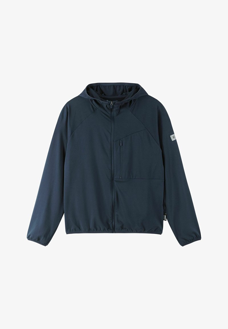 Veste à capuche bleu marine avec fermeture éclair à l'avant, cordon de serrage ajustable, poignets élastiqués et poche sur la poitrine. Texture de tissu douce et lisse.
