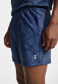 Marinblå idrottsshorts med ett strukturerat vertikalt randmönster, elastisk midja och en vit chevron-logotyp vid fållen.