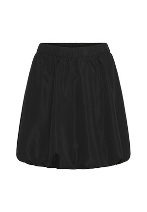 Falda corta negra con cintura elástica y dobladillo abombado, confeccionada con tejido suave y ligeramente brillante.