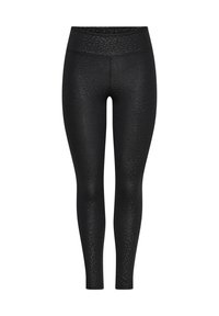 Svarta leggings med ett strukturerat leopardmönster, som har en hög midja och en kroppsnära design. Tillverkade av elastiskt, lätt material.