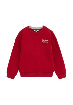 Red long-sleeve crewneck sweatshirt with ribbed cuffs and hem, featuring small white text "The Leisure Sky Lounge" on the left chest.