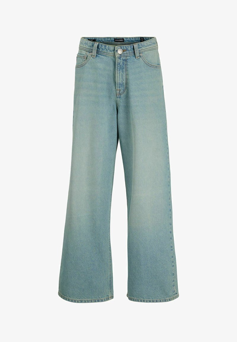 Svijetloplave široke traperice od denima, s visokim strukom, prednjim zatvaranjem na gumb i klasičnim dizajnom s pet džepova. Glatka tekstura.