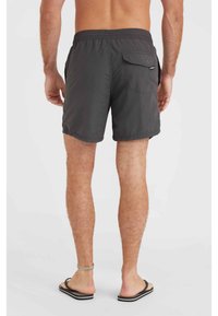 Grijze zwemshorts met een elastische tailleband, een achterzak en een lichte, gladde textuur. Draagt met zwarte flip-flops.