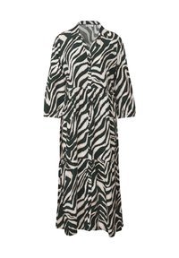 Abito a righe zebra verde e bianco, di lunghezza al ginocchio, con collo a camicia, bottoni sulla parte anteriore e maniche ampie a tre quarti.
