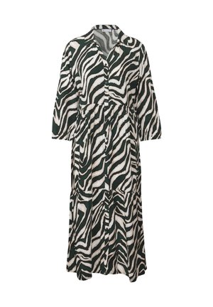 Zelené a bílé šaty se zebrovaným vzorem, do délky po kolena, s límečkem, s knoflíky vpředu a volnými rukávy do tří čtvrtin.