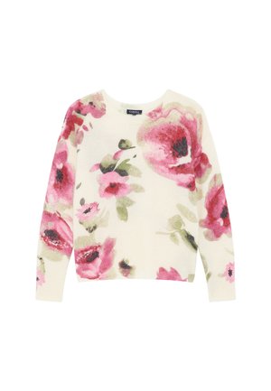 Pull à motif floral en tissu crème doux, avec de grandes roses roses et vertes, col rond et manches longues. Texture légère.