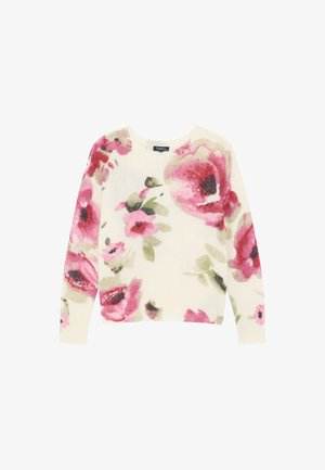 Sweter w kwiatowy wzór z miękkiego kremowego materiału, zdobiony dużymi różowymi i zielonymi różami, z okrągłym dekoltem i długimi rękawami. Lekka faktura.
