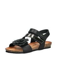 Black sandal with two straps, a glossy metallic accent, and a floral detail on the toe. Cork sole and flat heel for comfort.