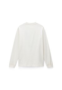 Chemise blanche unie à manches longues vue de dos avec poignets côtelés et encolure ronde sur fond blanc.