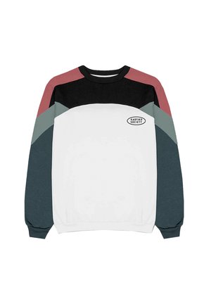 Sweat-shirt à manches longues avec col rond, corps blanc, poitrine supérieure noire, épaules en blocs de couleur rose poussiéreux et gris, et logo "KAOTIKO SOCIETY" sur la poitrine.