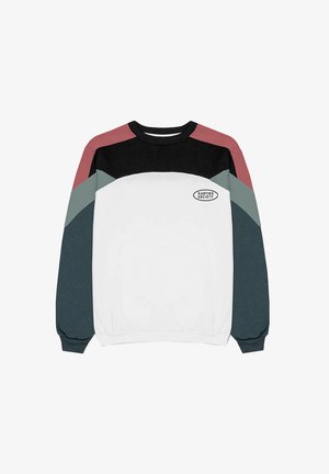Felpa girocollo a maniche lunghe con corpo bianco, parte superiore del petto nera, spalle colorate a blocchi in rosa polveroso e grigio, con logo "KAOTIKO SOCIETY" sul petto.