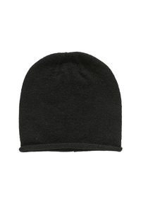 Gorra de lana negra con un material suave y texturizado. Presenta una parte superior redondeada y un borde cosido sin costuras. Diseño simple y uniforme.