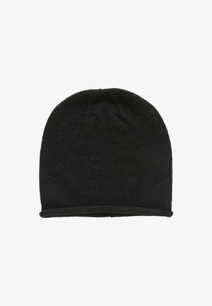Czarna czapka beanie wykonana z miękkiego, teksturowanego materiału wełnianego. Posiada okrągły szczyt i bezszwowy, zszyty brzeg. Prosty, jednolity design.