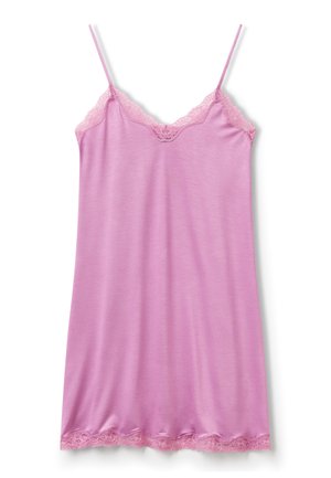 Rosa Spaghettiträger-Nachtkleid mit verstellbaren Trägern, ausgestattet mit einer Spitzenborte entlang des Ausschnitts und Saums, aus weichem, leichtem Stoff gefertigt.