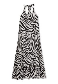 Abito halter a stampa zebra in bianco e nero con orlo arricciato. Realizzato in tessuto leggero, presenta un laccio al collo per una vestibilità regolabile.
