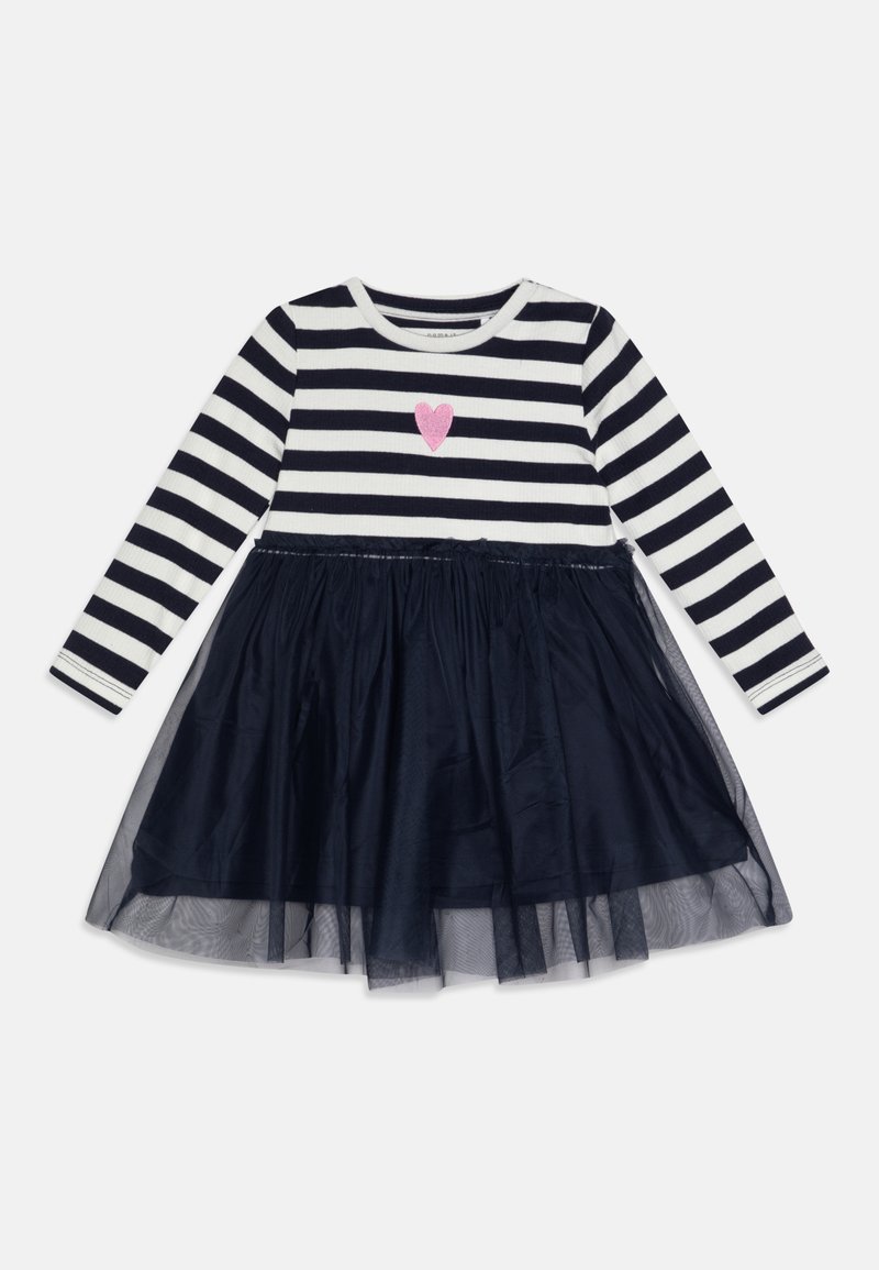 Long-sleeve dress featuring navy and white horizontal stripes, a pink heart appliqué, and a sheer tulle skirt.