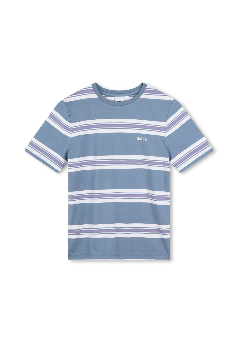 T-shirt blu a maniche corte con strisce orizzontali viola e bianche. Presenta un piccolo logo "BOSS" sul petto. Materiale in cotone.