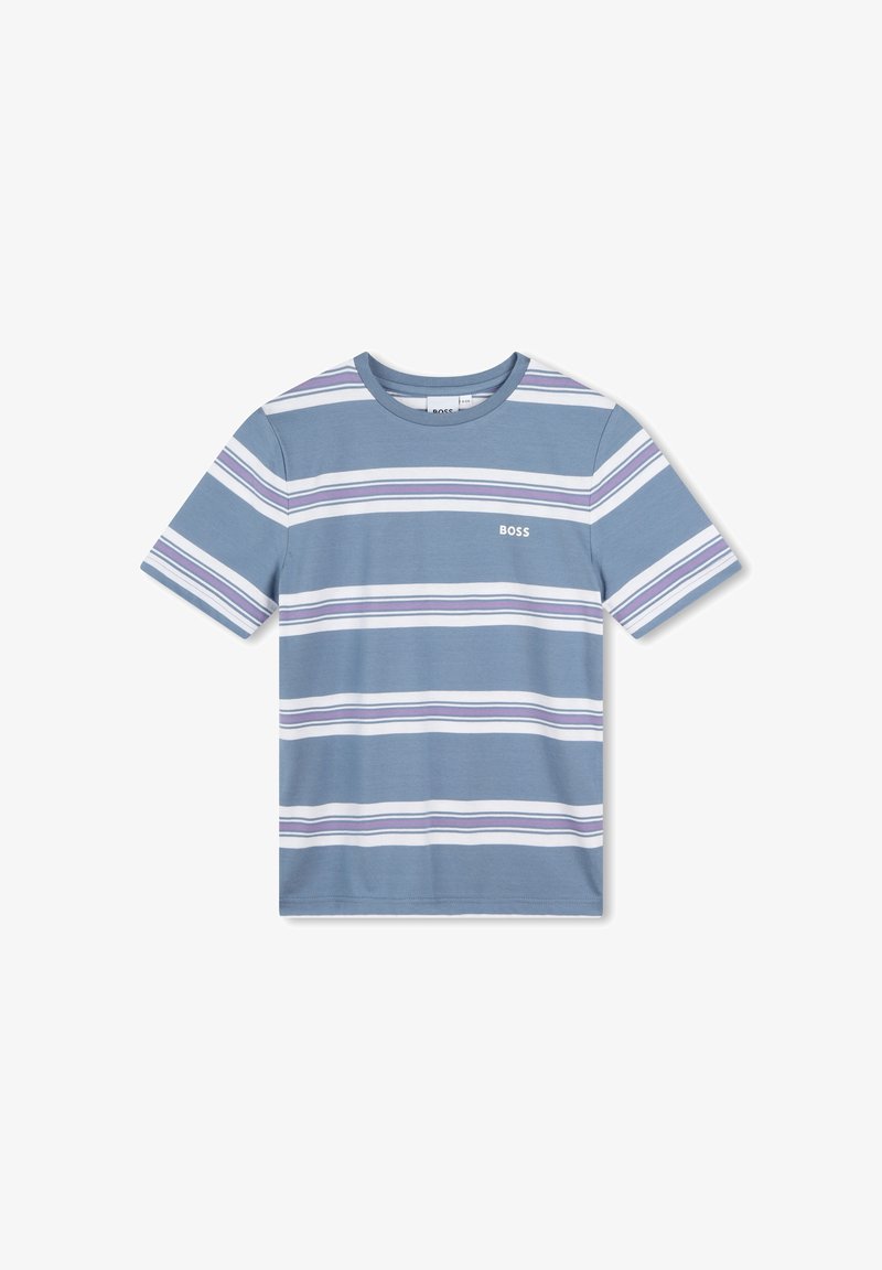 T-shirt blu a maniche corte con strisce orizzontali viola e bianche. Presenta un piccolo logo "BOSS" sul petto. Materiale in cotone.