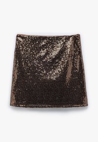 Bruine minirok met pailletten, voorzien van een strakke pasvorm en een gladde textuur. Het oppervlak is bedekt met kleine, reflecterende pailletten voor extra glans.
